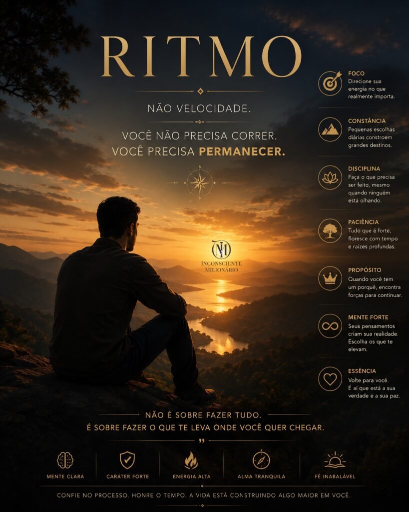 “Ritmo. Não velocidade. Você não precisa correr. Você precisa permanecer.” A composição transmite constância, maturidade, construção silenciosa, prosperidade e evolução pessoal.